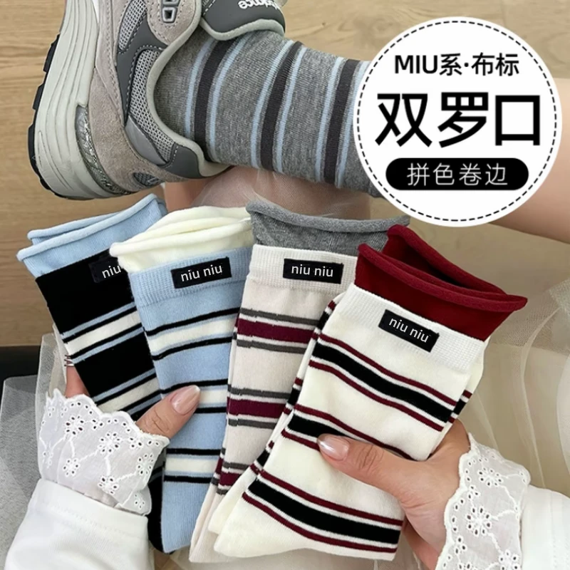 秋冬韩系ins布标双罗口撞色拼接无骨中筒堆堆袜复古条纹袜子女