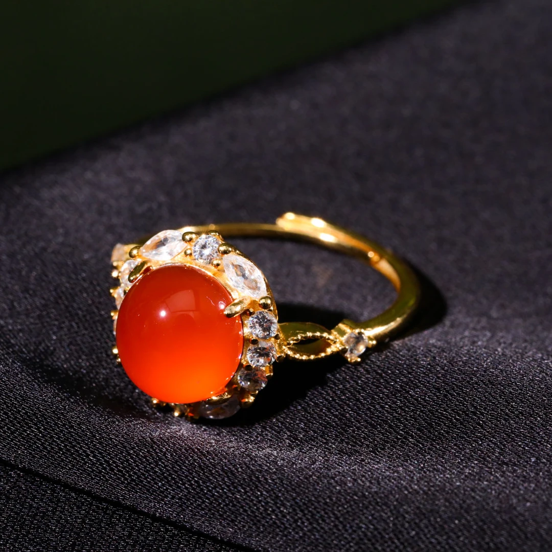 【意婵】《月色》原矿天然南红冰红戒指S925银-YC54132