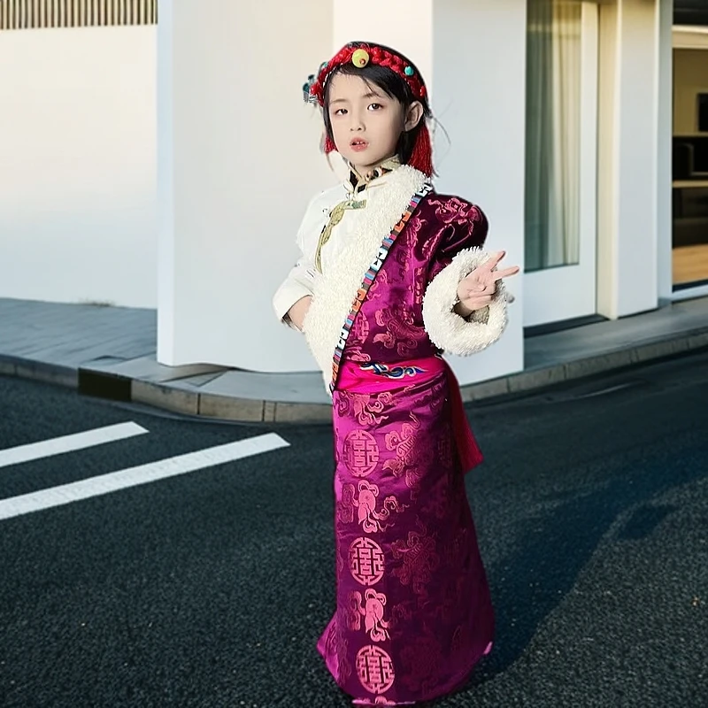 爆款冬季藏装儿童加绒保暖新款藏族藏服长袍藏式女童加厚高档藏袍