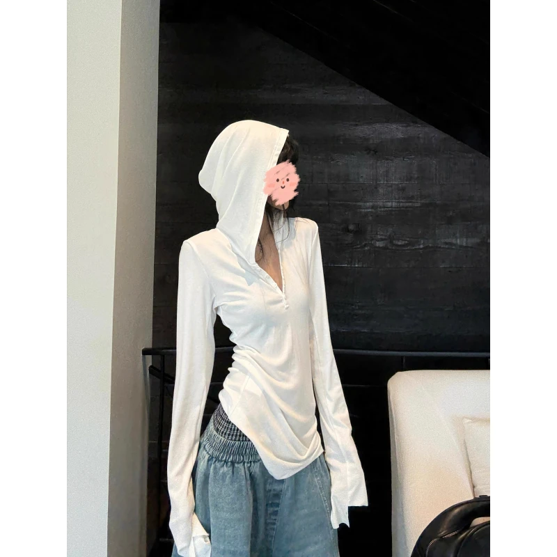 韩系亨利领正肩连帽T恤女秋新款修身显瘦内搭打底衫甜酷长袖上衣