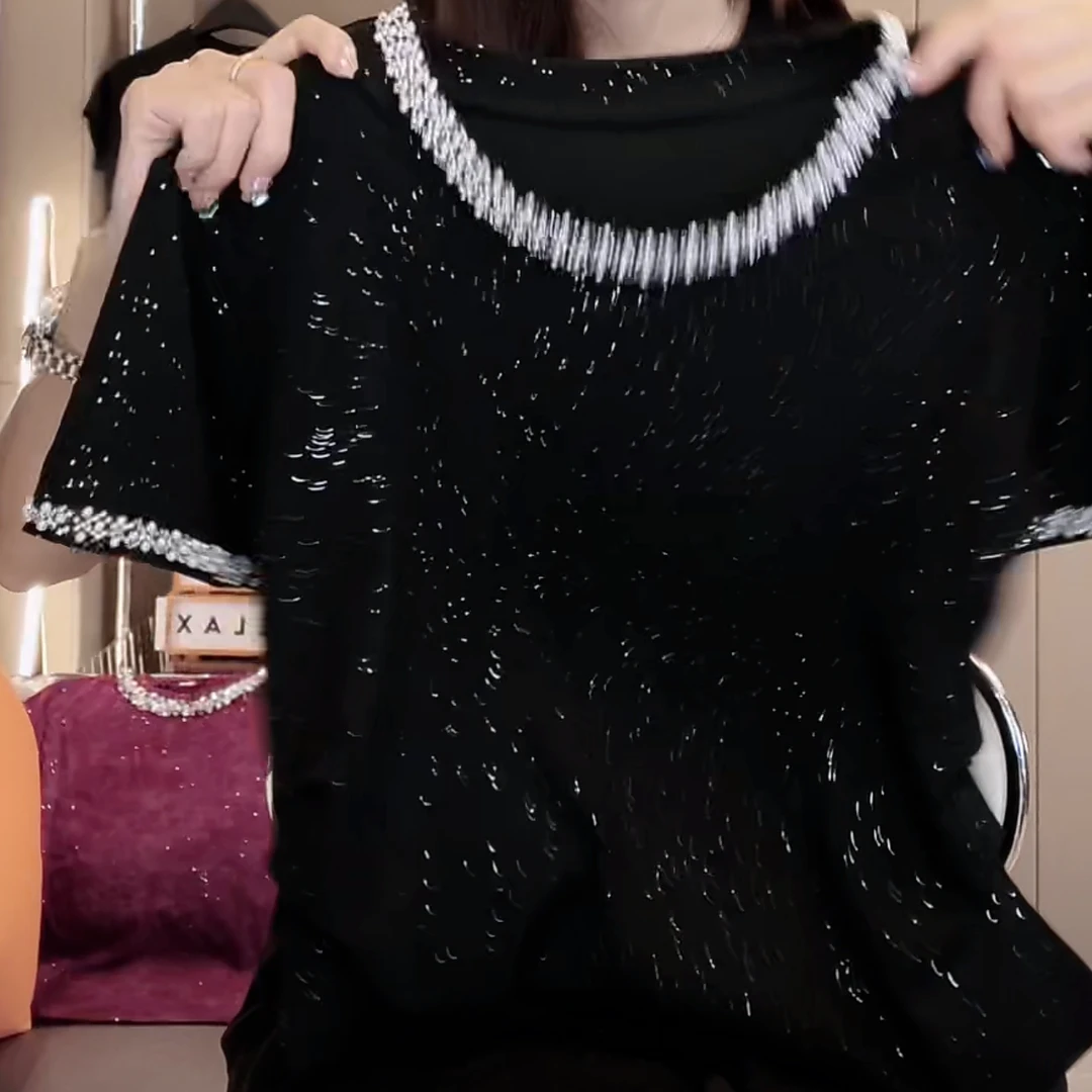 设计感时尚满天星短袖T恤女2025夏季新款重工收腰褶皱显瘦上14629