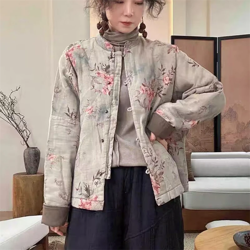 立领复古棉衣长袖休闲中国风印花保暖上衣女士秋冬文艺范棉袄外套