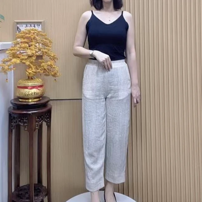 春季竹节麻松紧腰小直微微锥裤百搭休闲洋气透气性好