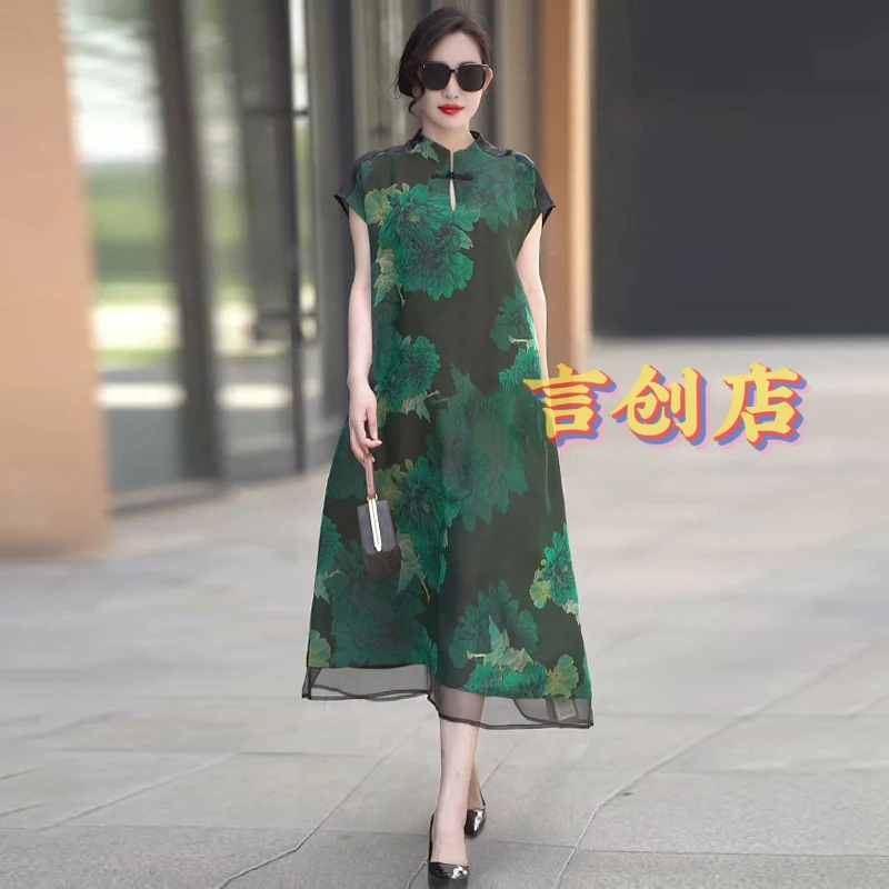 70129新中式国风真丝连衣裙复古印花民族风高贵妈妈盘扣气质长裙