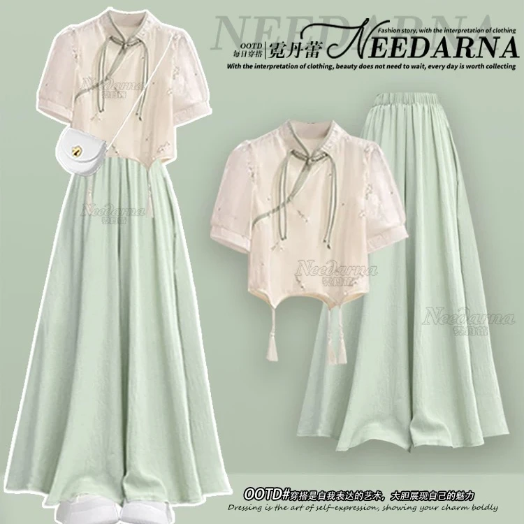 新中式穿搭一整套女2025夏季新款改良汉服衬衫显瘦休闲裙裤两件套