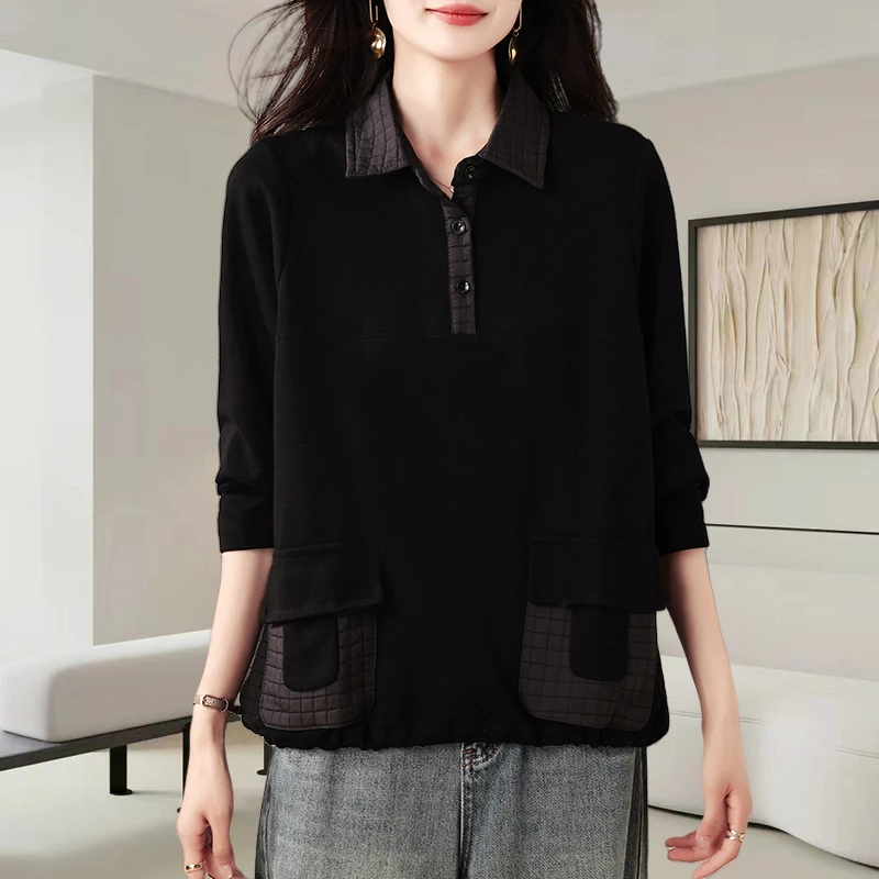 黑色翻领长袖卫衣女秋季2025新款时尚宽松显瘦休闲百搭设计感上衣