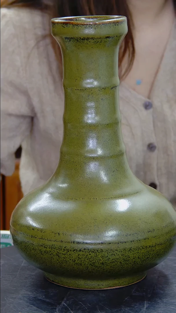 瓶茶叶沫釉弦纹盘口描金诗文长颈瓶#382#