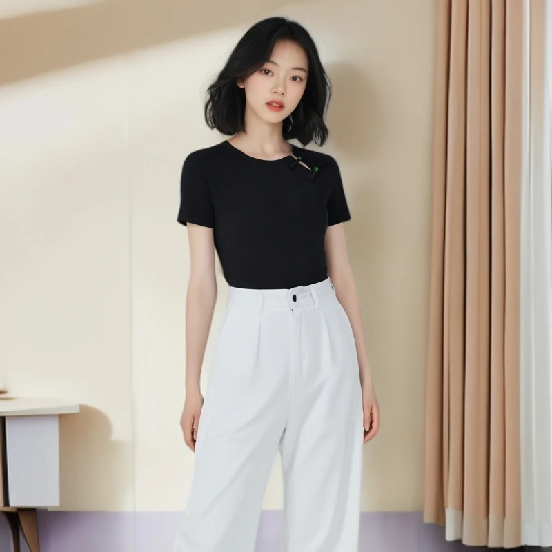新中式盘扣上衣高级感轻国风复古车厘子红短袖T恤女