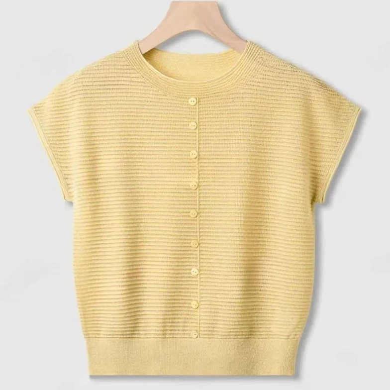 （莱赛尔）夏季新款一字领飞飞袖单排扣针织百搭宽松短袖上衣