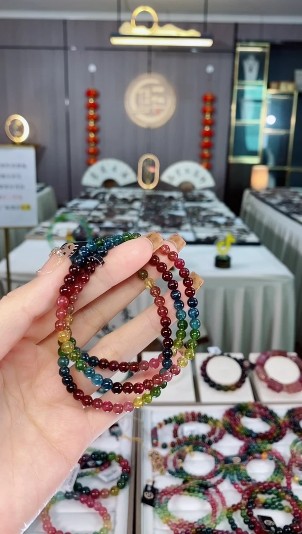 老矿碧玺色标彩虹透体三圈手串4mm+未镶嵌碧玺dan多样性发货一条