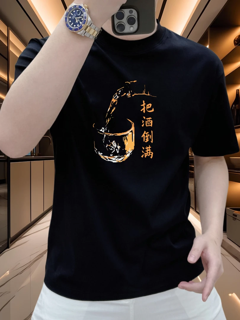 2025新款潮牌倒满印花重磅纯棉短袖T恤男装时尚圆领休闲百搭上衣