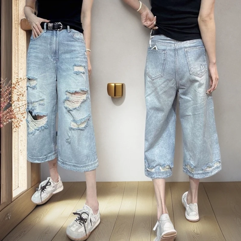 2025薄款显瘦百搭直筒破洞七分牛仔裤女大码胖妹妹高腰宽松阔腿裤