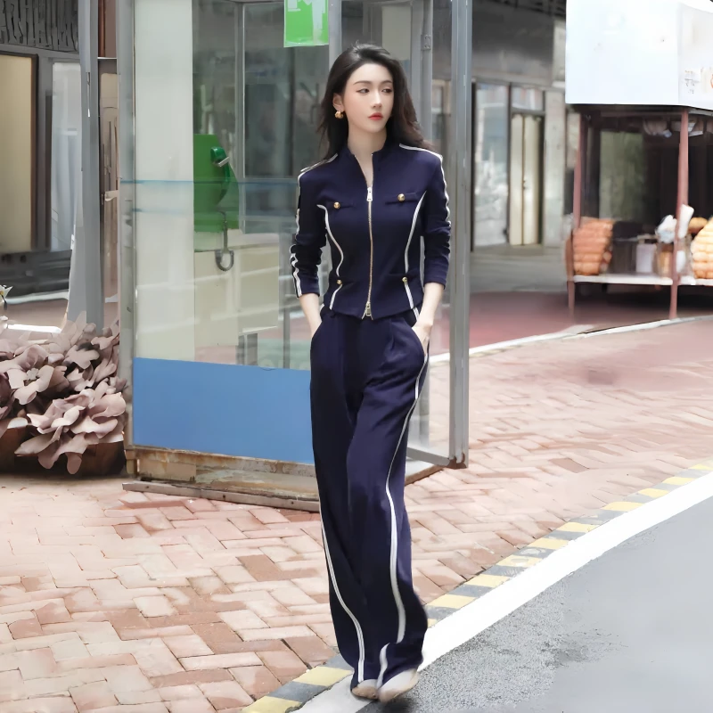 微胖运动套装气质连体洋气秋冬时尚休闲运动套装显瘦长裤蓝色网红