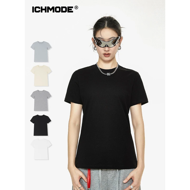 ICHMODE美式正肩短袖T恤女2025夏季修身打底衫半袖上衣cleanfit