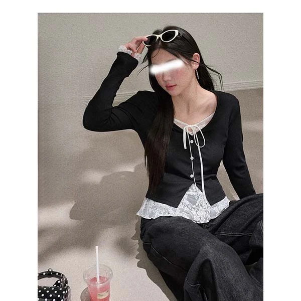 MISU/糜素果核微胖m时尚美假两件蕾丝拼接V领显瘦长袖T恤大码上衣
