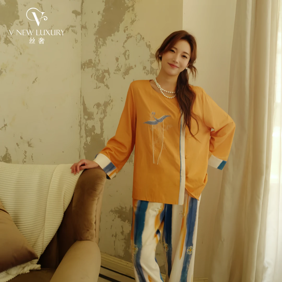 新中式东方韵味晕染丝棉长袖家居服套装薄款透气睡衣女V7T3030
