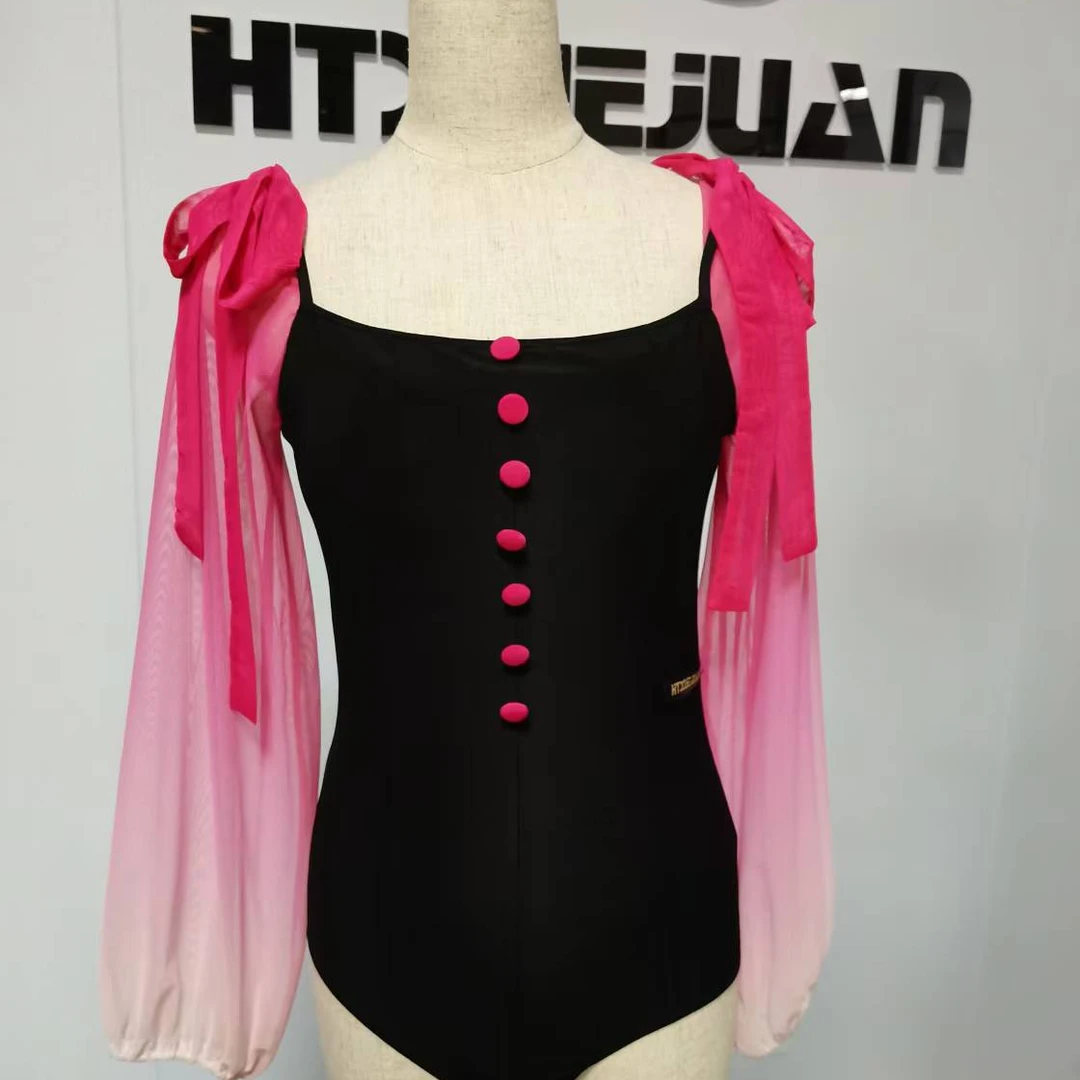 【浩婷雪娟】七扣渐变飘带连体衫（不含胸垫）黑色上衣女士服装单件