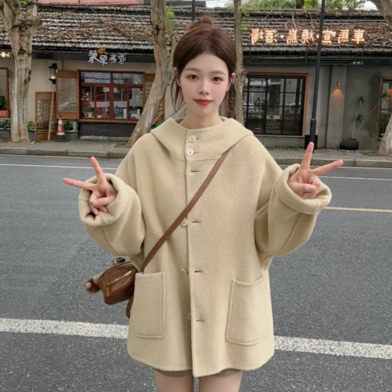 双面羊毛大衣女秋冬新款小个子阔版韩系连帽显瘦羊毛呢子外套