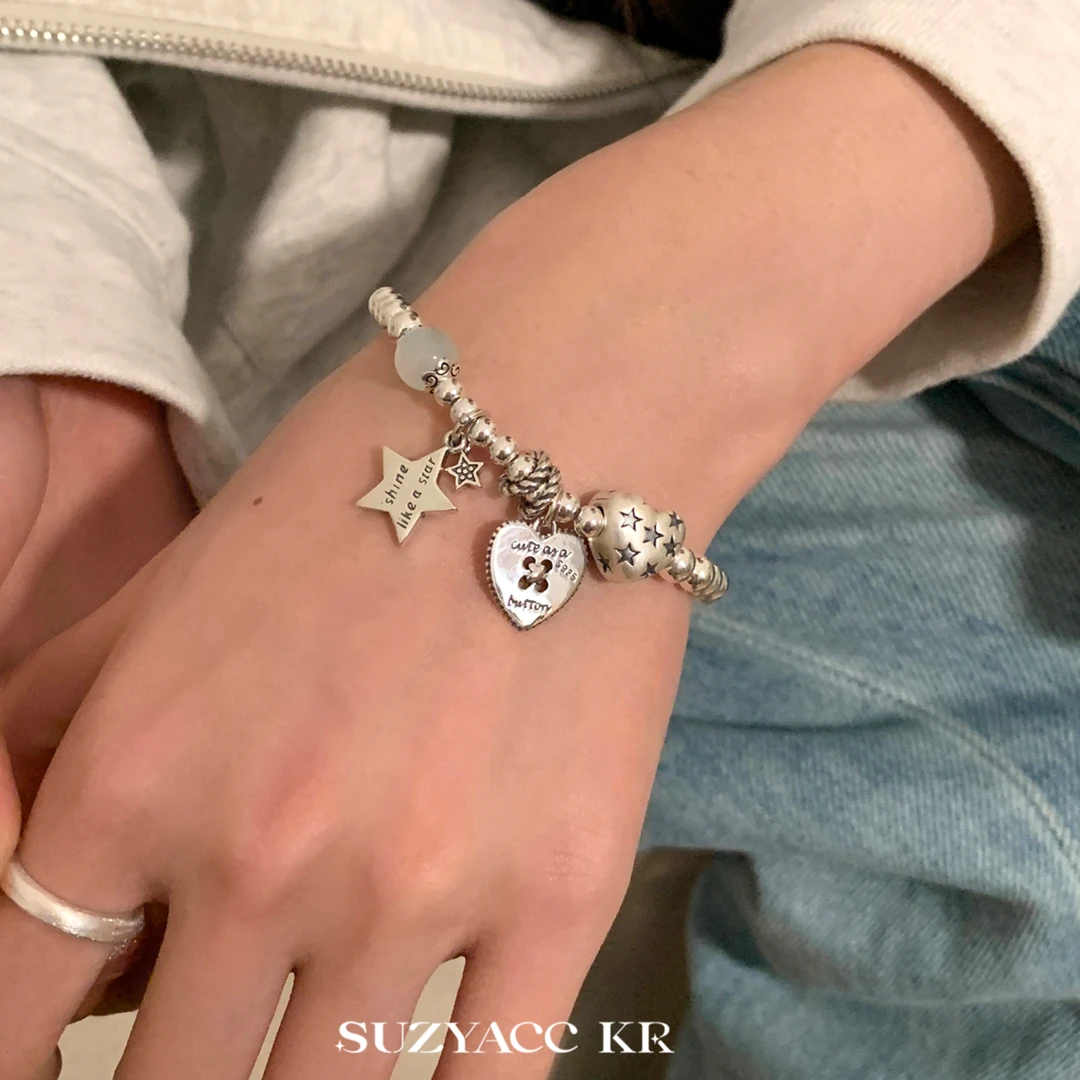 Suzyacc Kr 925银手链 【星月】轻奢重工串珠爱心星星手链时尚C2155