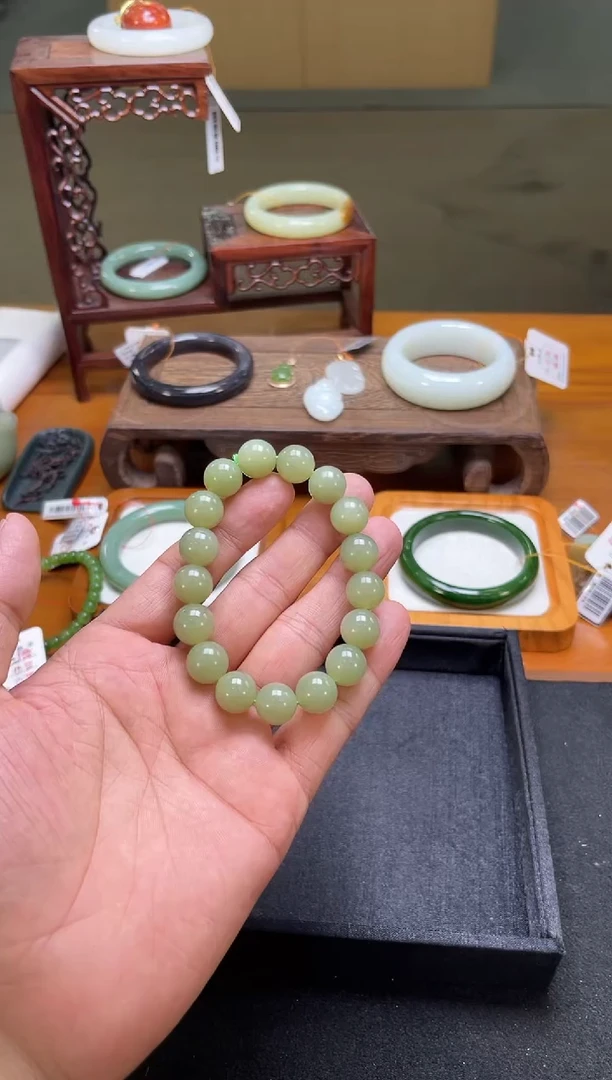 未镶嵌手串和田玉卡12若羌青黄口 圆珠 多样性发一