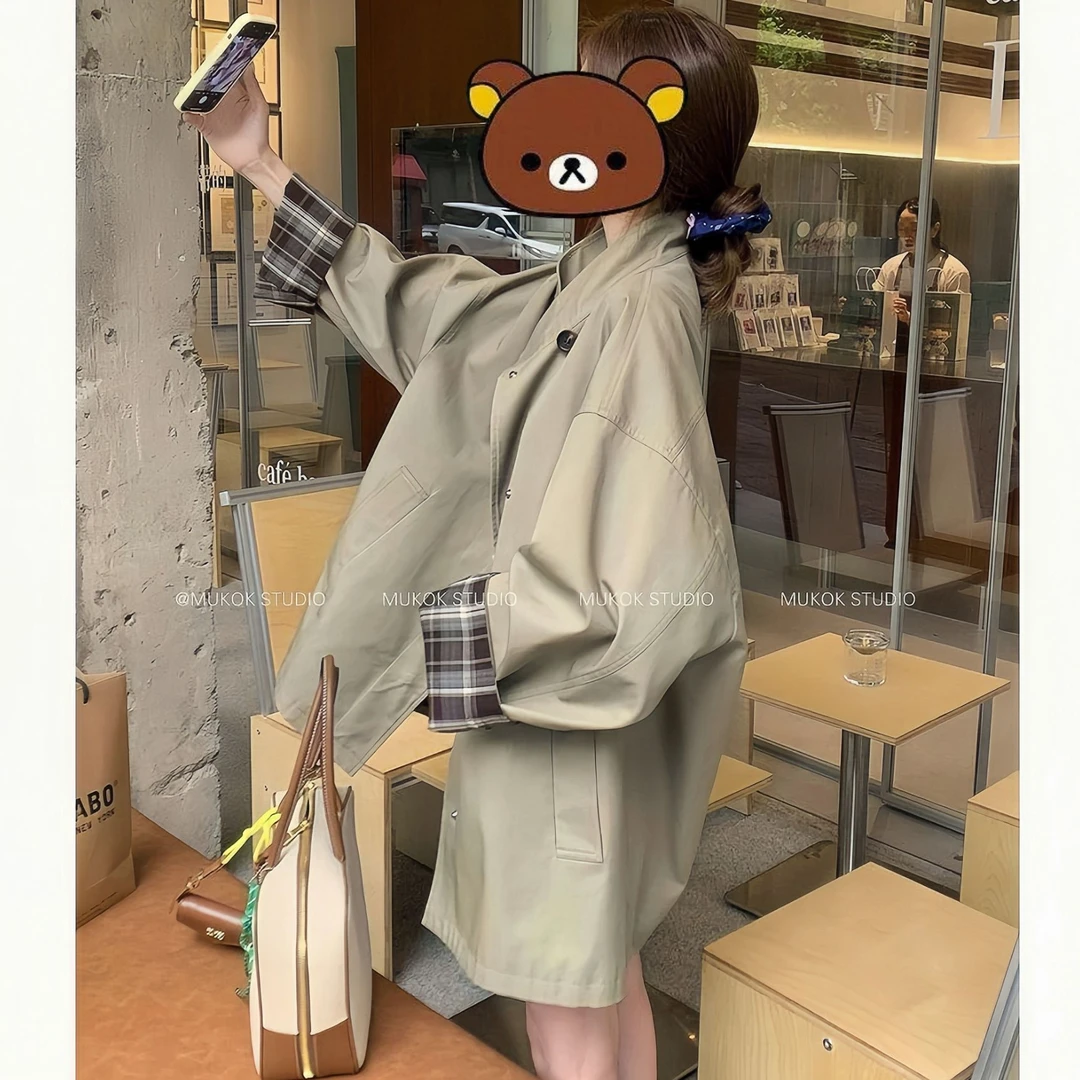 2025春新款撞色格纹小个子风衣外套女宽松显瘦百搭英伦风大衣