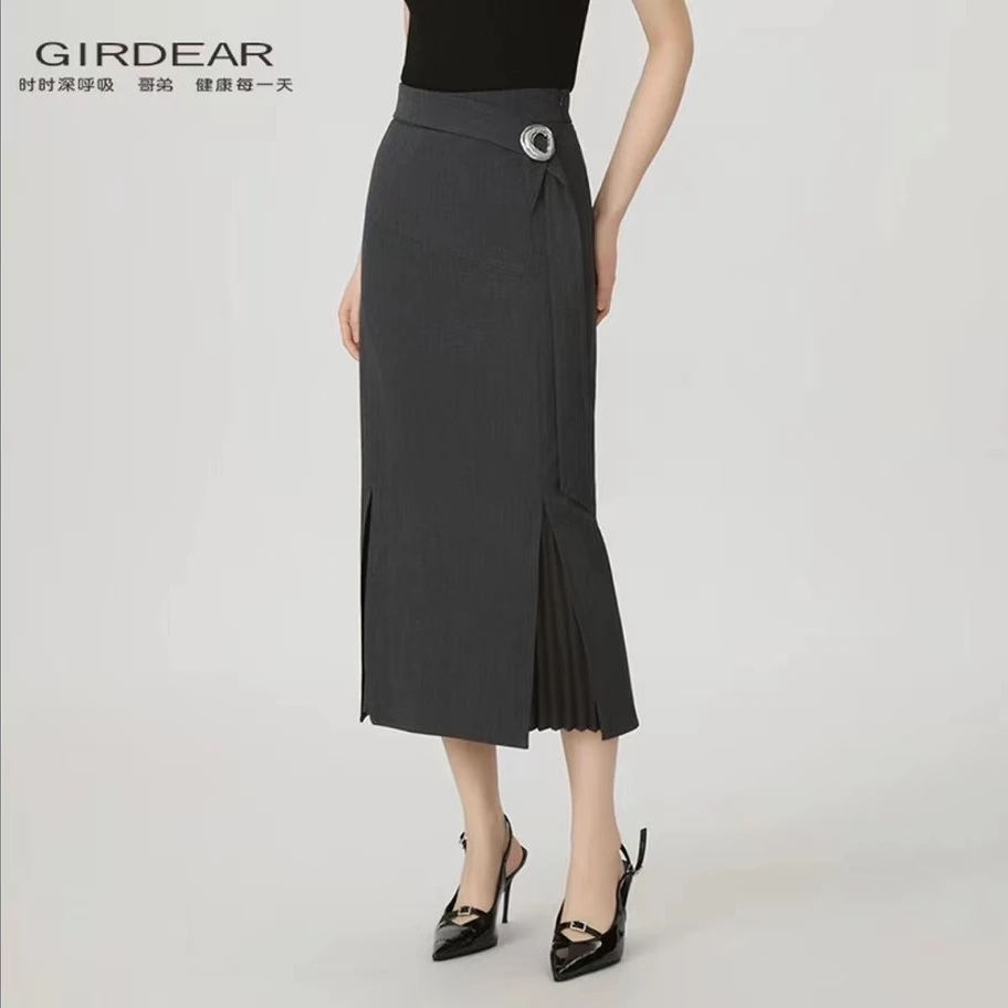 哥弟 高腰金属造型扣褶步步生花半身裙120032