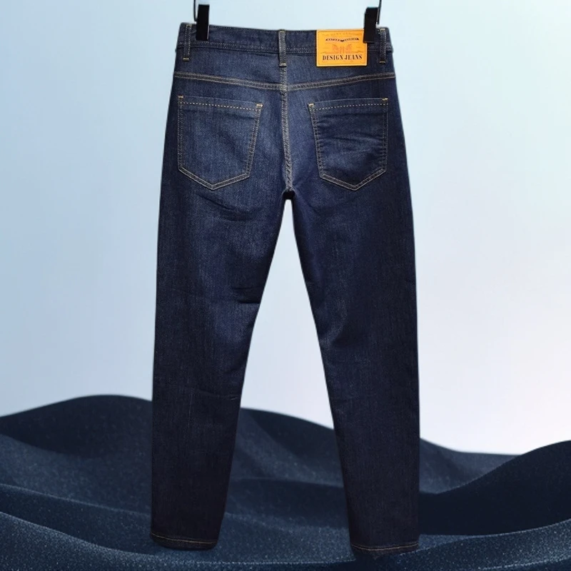 巴赛娜缇男士新款原色九分牛仔裤夏季休闲弹力修身长裤深蓝色