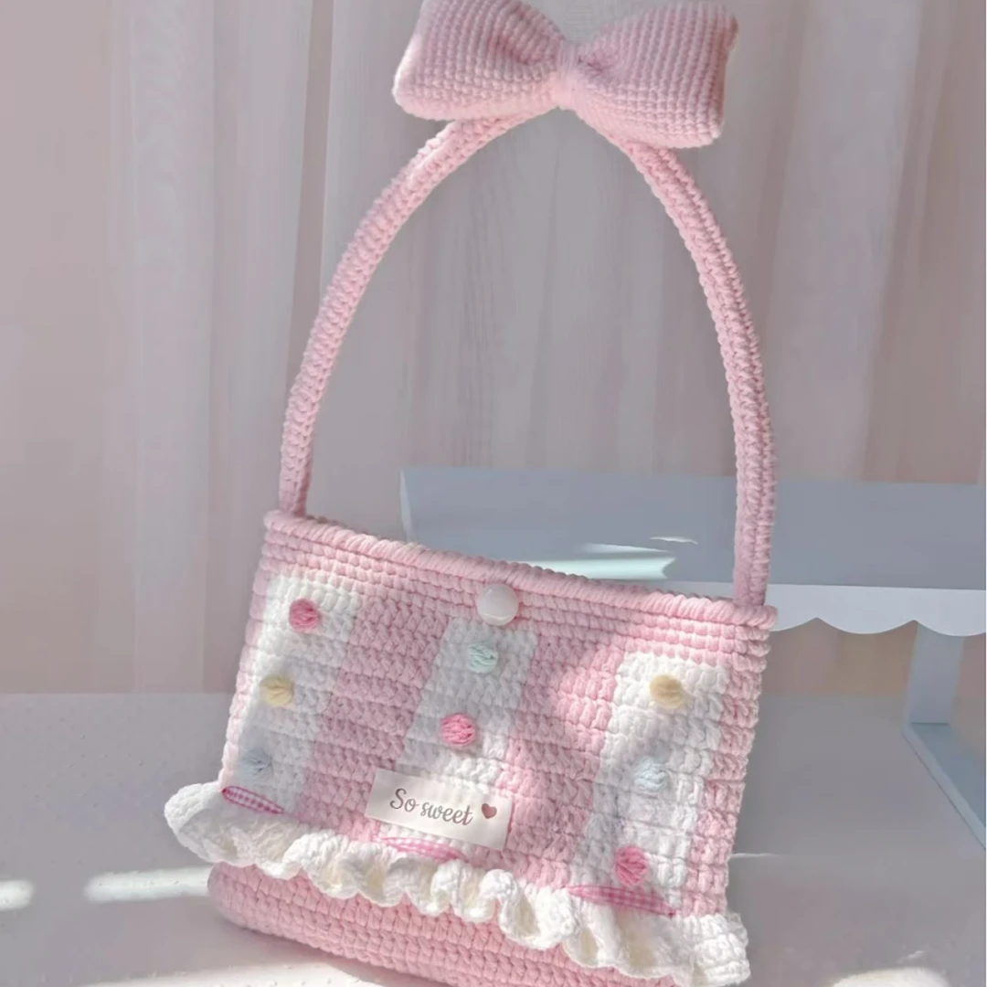 【成品】毛线钩织可爱粉色单肩包学生大容量纯手工编织单肩包手机包