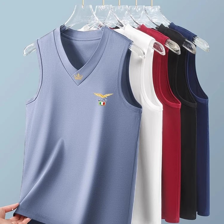 夏季男士宽肩V领潮牌背心无袖t恤运动健身莫代尔冰丝凉感吸汗透气