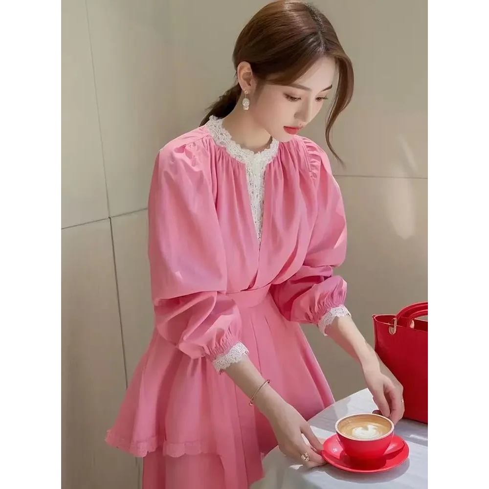 2025春季新款设计感小众粉色蕾丝花边衬衫女半身裙显瘦两件套装女