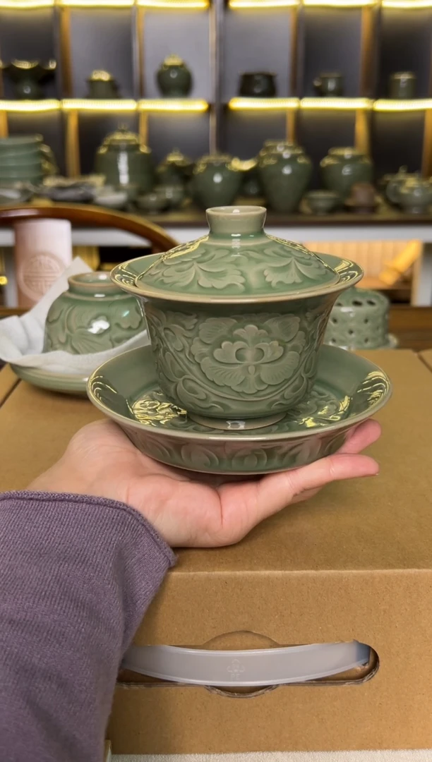 瓷片耀州窑纯手工缠枝牡丹马蹄三才盖碗特价