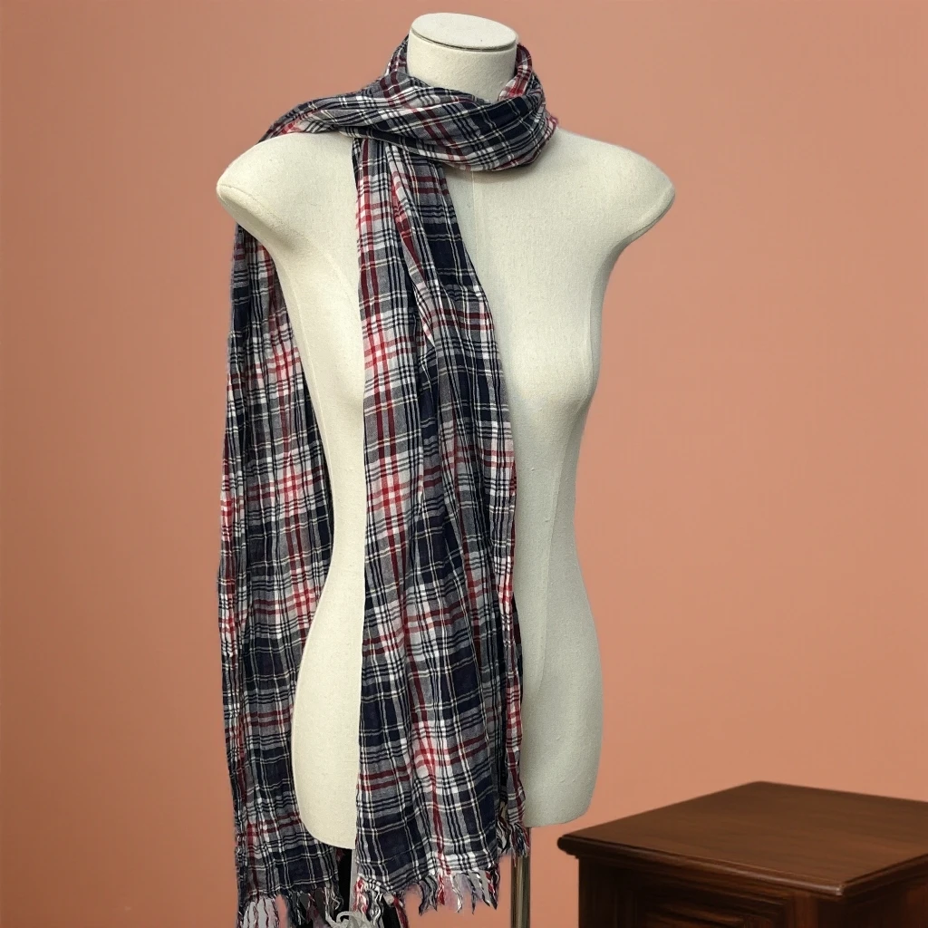 9903vintage百搭日系装饰格子格纹针织流苏围巾