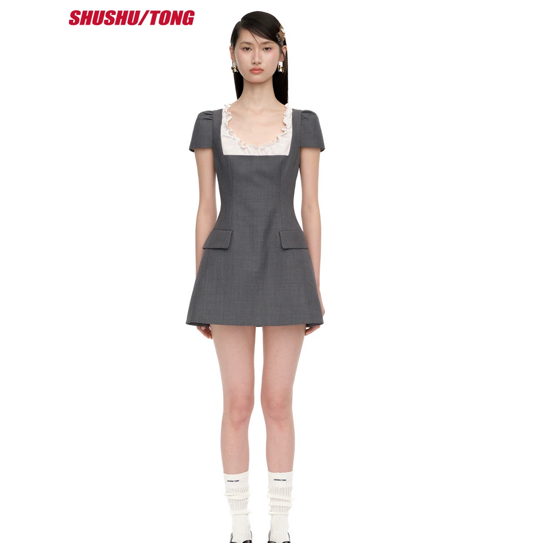 【SHUSHUTONG】2025早秋新款女装裙子时尚设计感木耳边短袖连衣裙