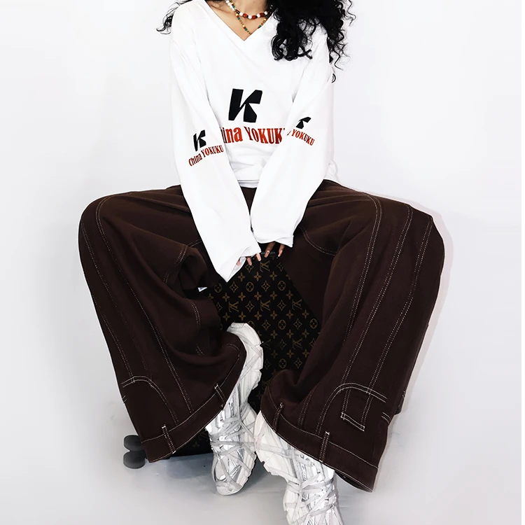 咖色明线拼接设计感倒装阔腿牛仔裤女秋季新款高腰时尚裤子8599#