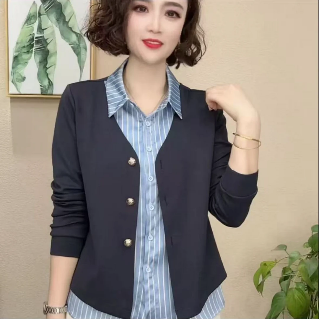 2025春秋新款时尚显瘦气质百搭洋气衬衫领假两件长袖#667