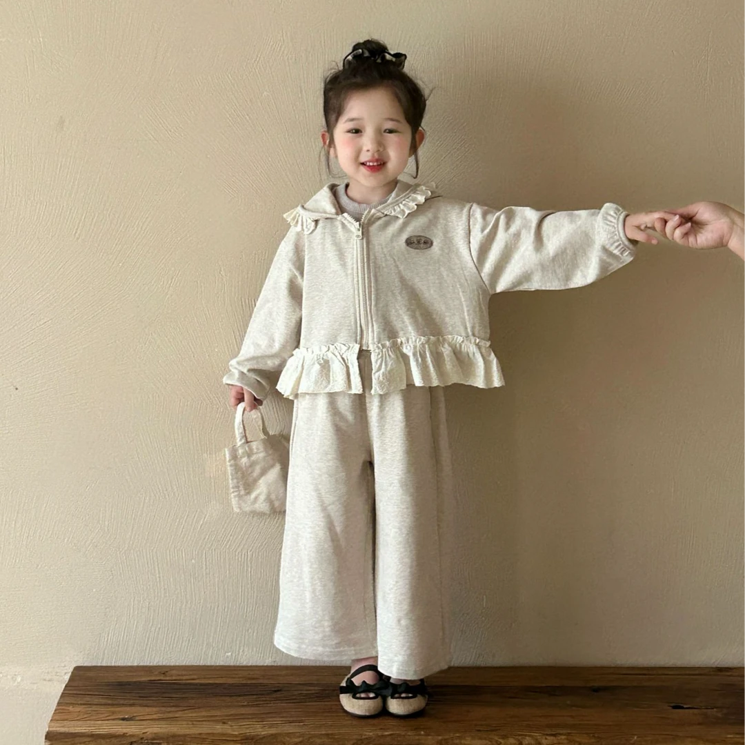 2025春季新款童装韩版女童花边卫衣开衫+裤子儿童幼儿园套装