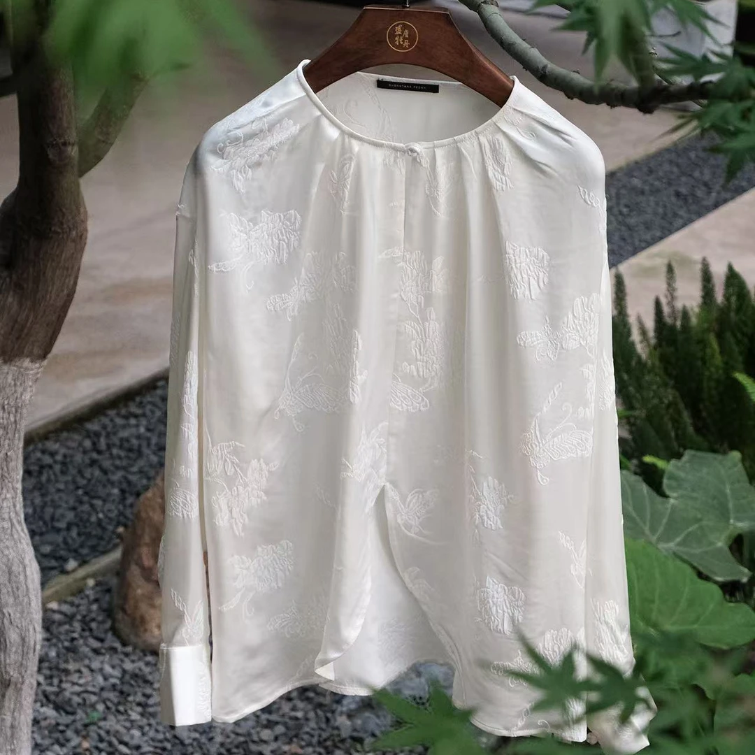 盛唐牡丹蝶恋花提花圆领上衣衬衫女-白色新款时尚洋气百搭女装