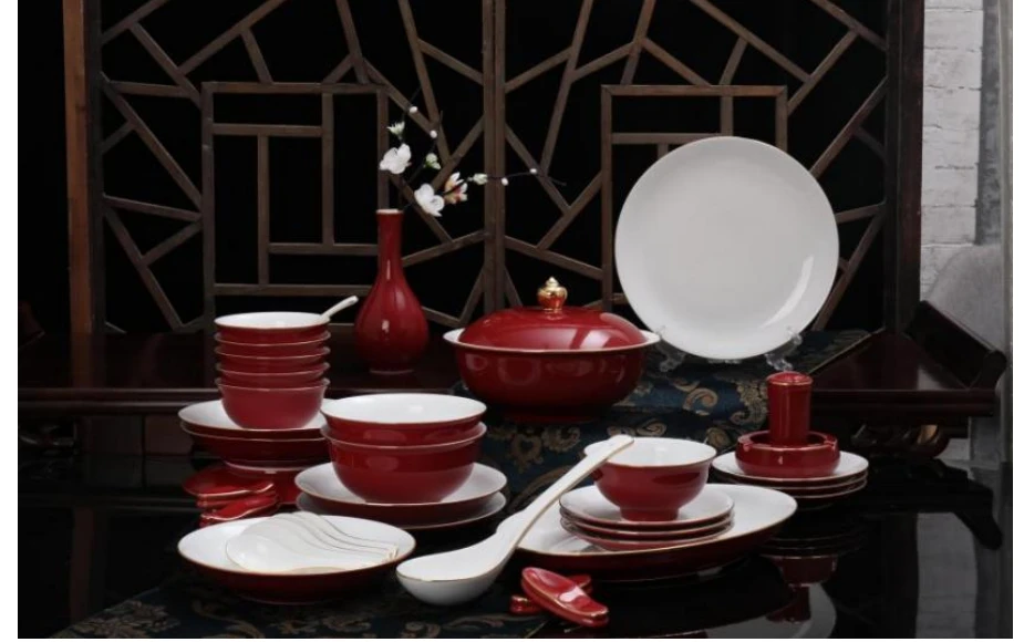 景德镇千年博大39头6人位高档色釉玛瑙红餐具