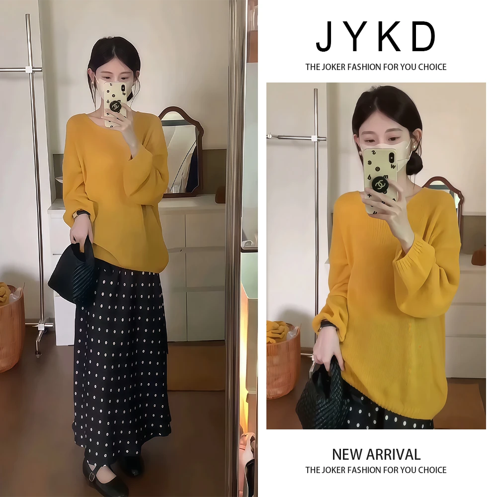 韩系时尚套装秋季新款慵懒风气质百搭软糯黄色针织上衣波点半身裙