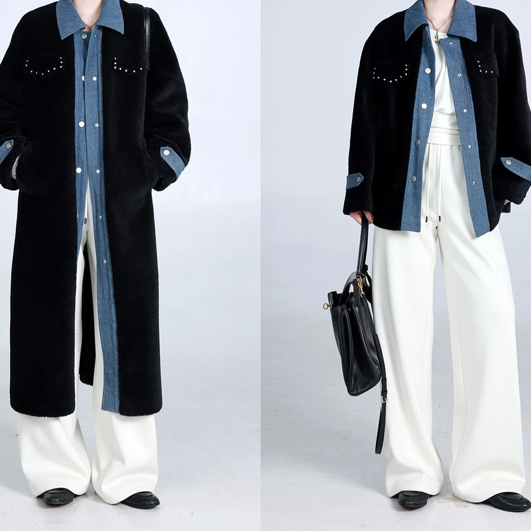 QC宣宣-【典藏家】微胖大码女冬休闲牛仔拼接长款毛毛外套ZY411H03