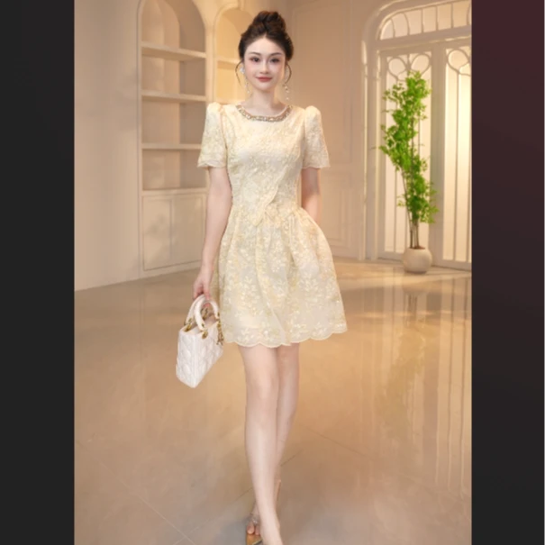 【显瘦定制】短袖拉链时尚连衣裙名媛复古晚礼服泡泡袖小个子45328