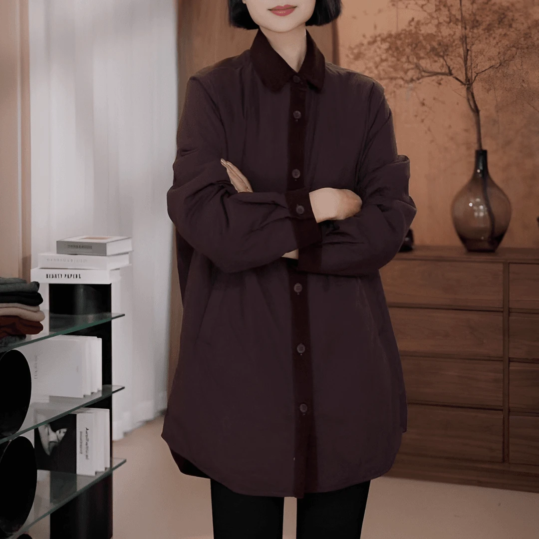 撞色polo翻领衬衫棉衣女秋冬宽松休闲加厚保暖中长款棉服外套上衣