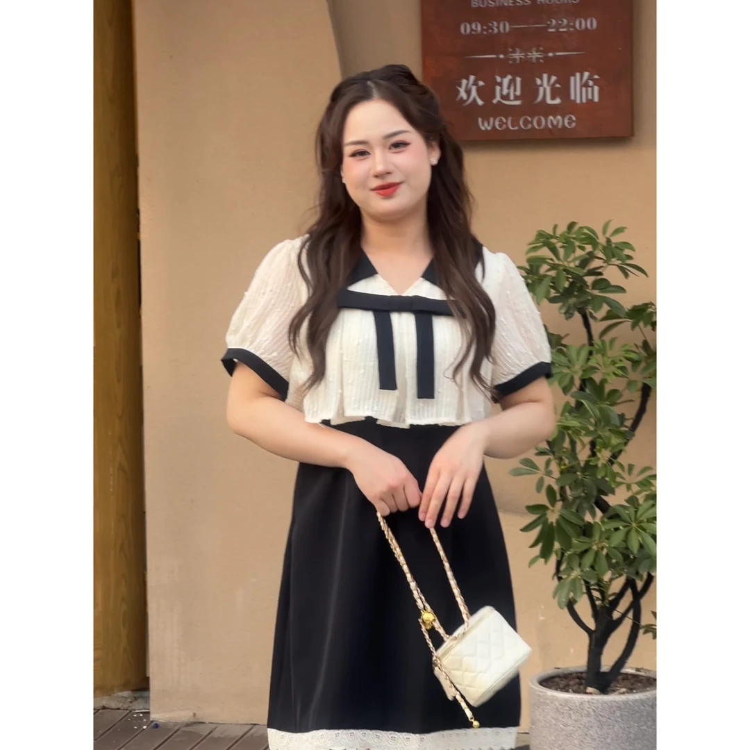 微胖夏季裙子【DM691】胖mm遮肚气质显瘦大码女装短袖连衣裙