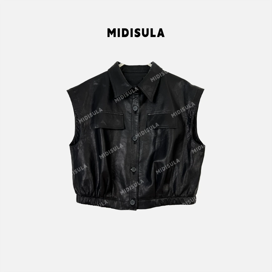 【H.MDSL】真皮绵羊皮复古皮马甲两口袋叶春秋宽松廓形皮坎肩#1323