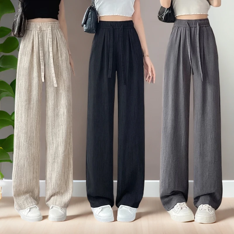 冰丝阔腿裤女夏季2025新款高腰抽绳肌理感慵懒美式休闲拖地裤子