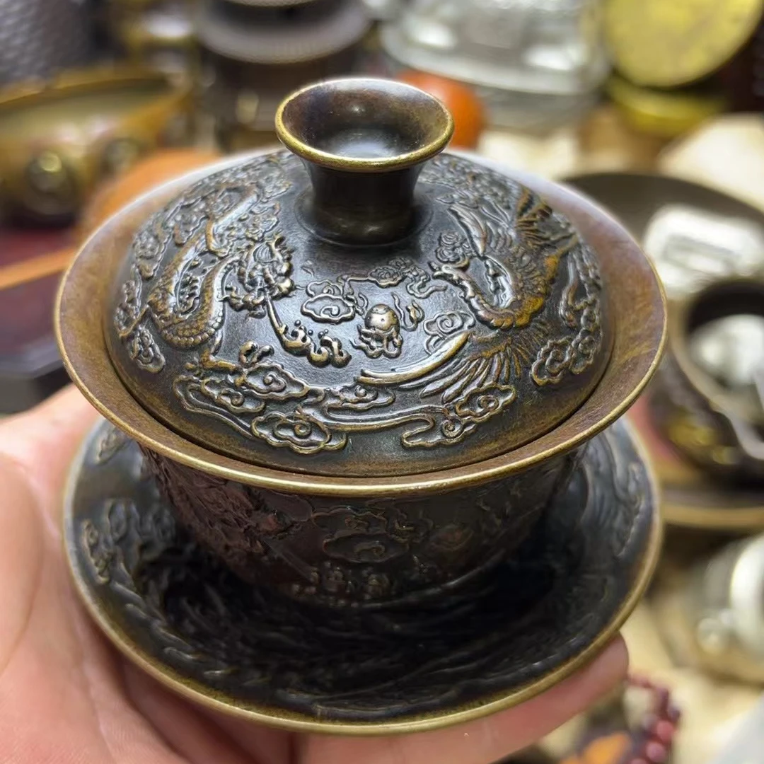 纯铜复古三才盖碗吉祥如意摆件