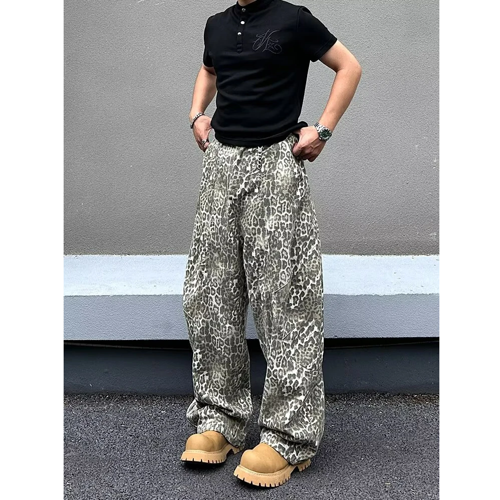 美式复古水洗磨白豹纹弯刀牛仔裤男女小众廓形松弛感宽松阔腿裤子