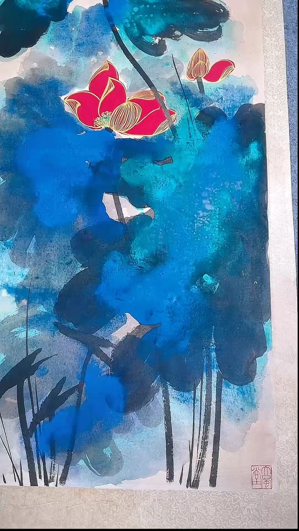 绘画伯**人v250709-2-泼彩荷花 4.6平尺 纸本镜片