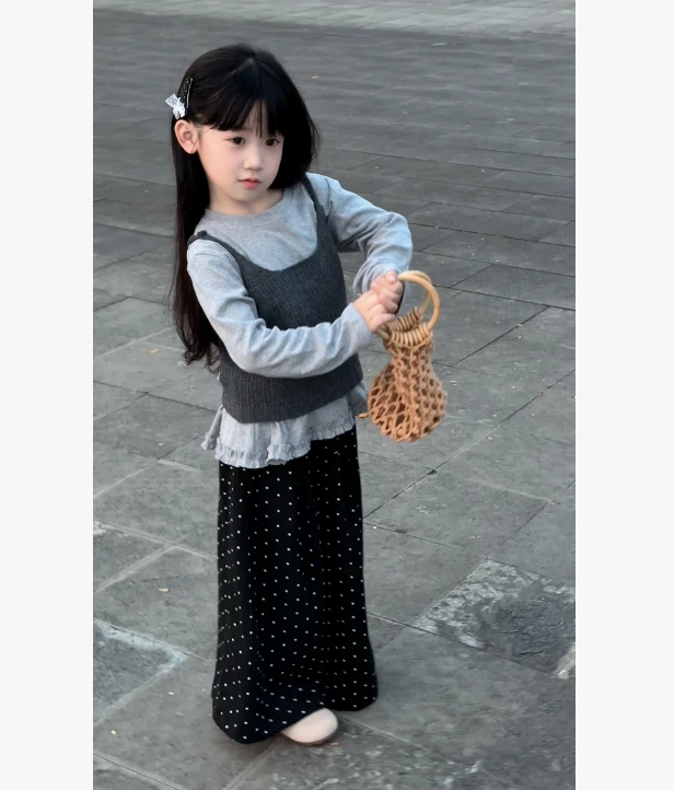 【兄妹款】韩版2025秋季女童洋派针织马甲花边小女孩时髦波点阔腿裤