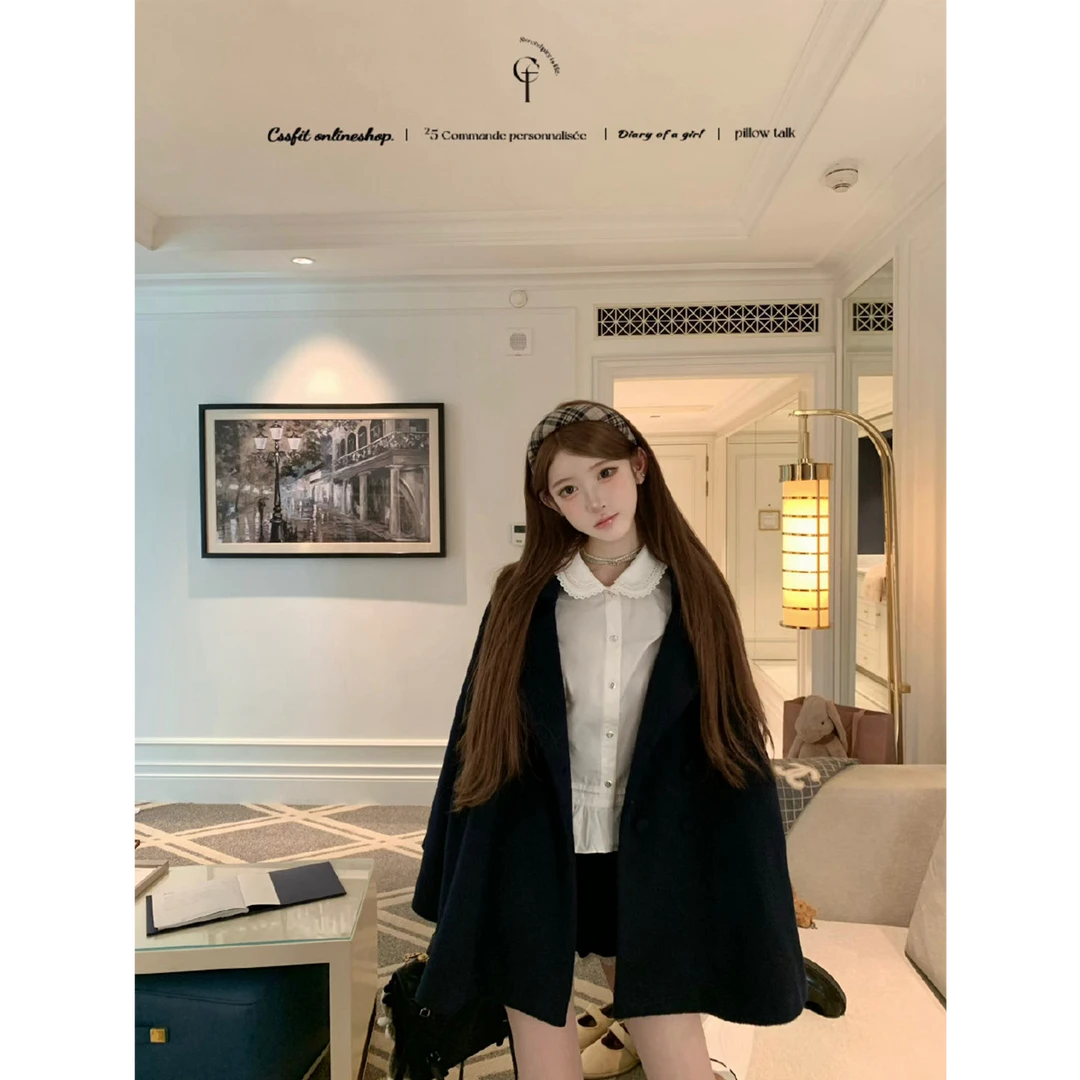 【樱禾恋冬】韩系甜美少女2025秋冬毛呢外套减龄衬衫上衣配显瘦短裤